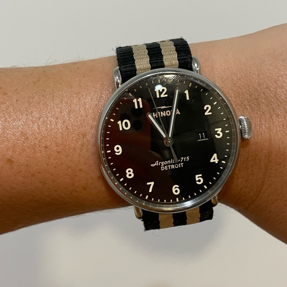Mens large Shinola watch black and cream